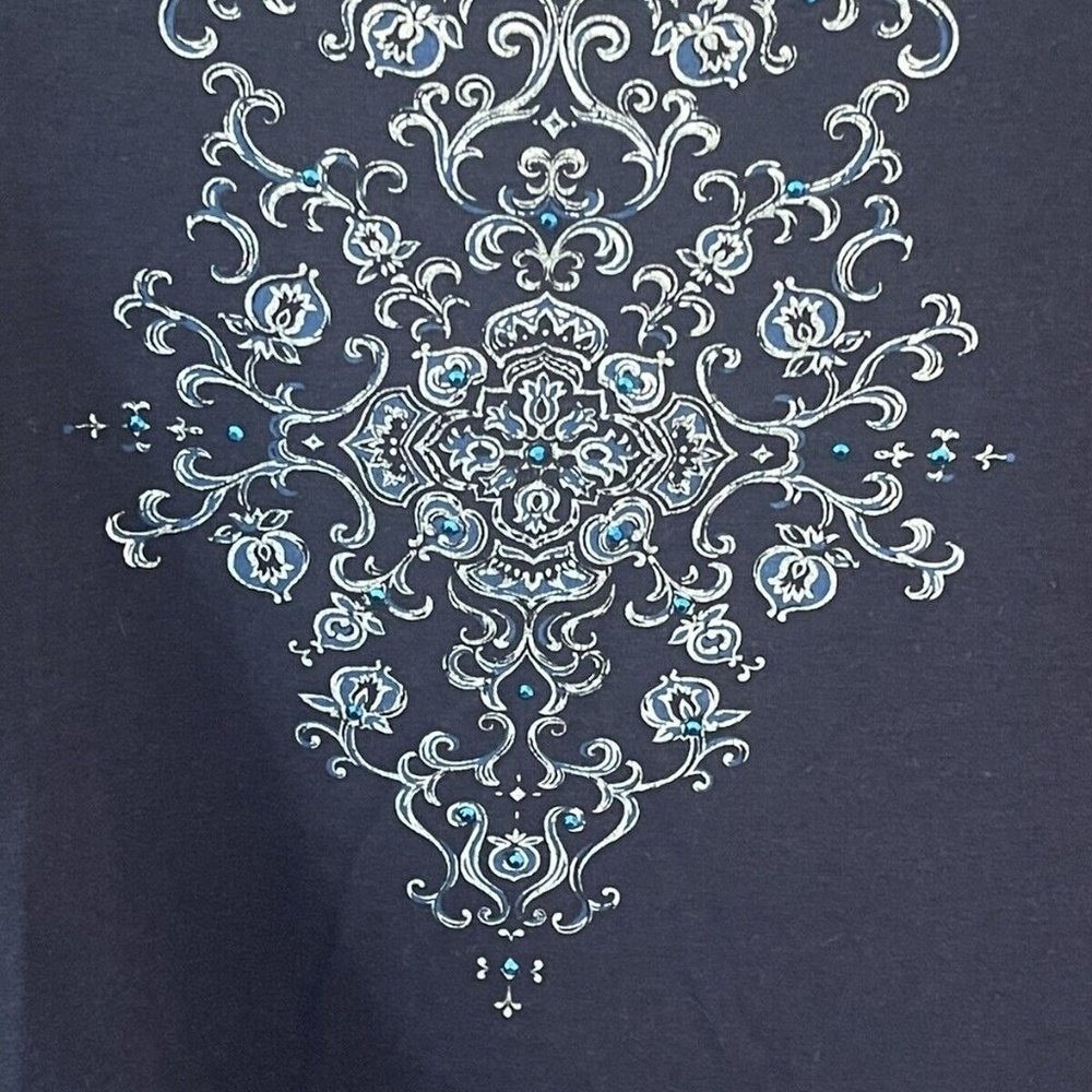 Talbots Knit Top Womens Medium Navy Blue 3/4 Sleeve Rhinestone Damask Excellent